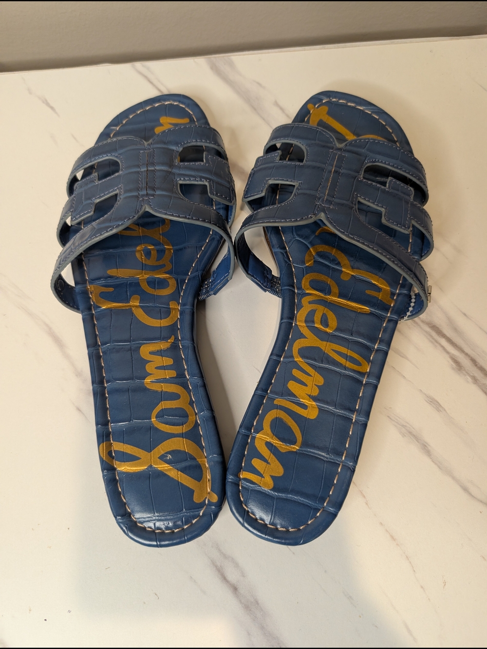 Sam Edelman Denim Blue Slide Sandals with Cutout Strap